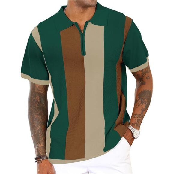 Men's Fashion Polo Shirts Vintage Striped Green - Picture 1 of 6